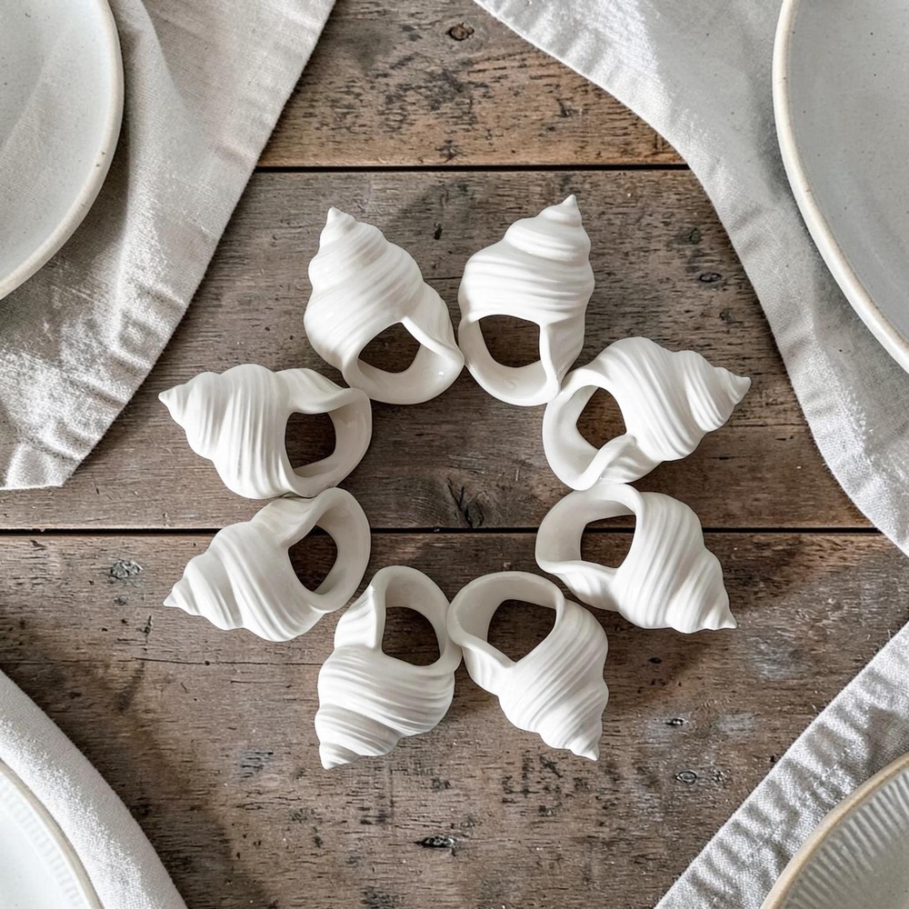 Vintage porcelain seashell napkin rings set of 4, table decor, coastal holder